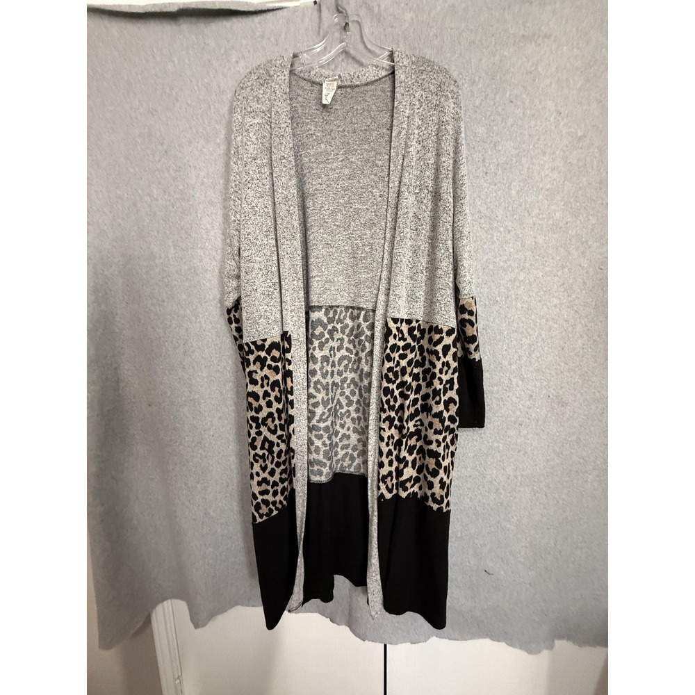 The ZigZag Stripe Cardigan Sweater Womens Large Leopard Colorblock Open Front